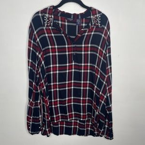 Lifestyle Red and blue plaid button up with Pearl details Petite